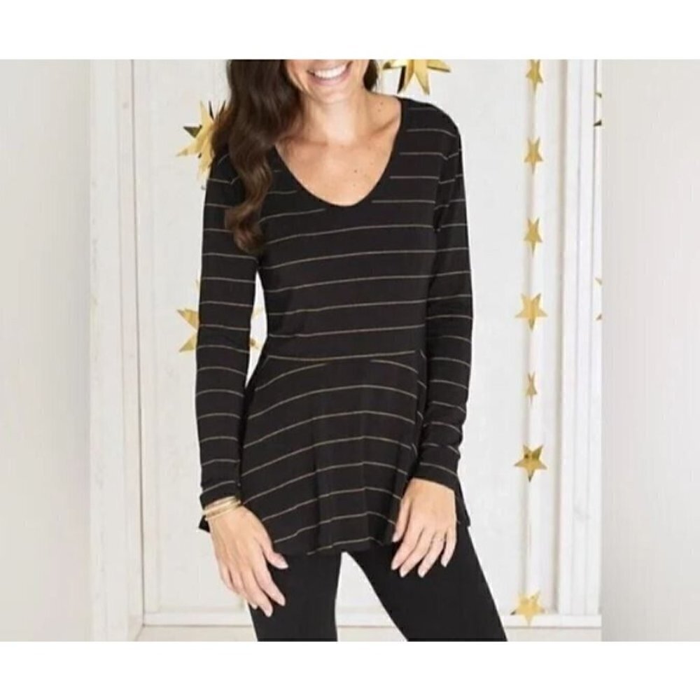 Matilda Jane Top Womens XL Enjoy the Party Tee Gold Striped Peplum Hem Black